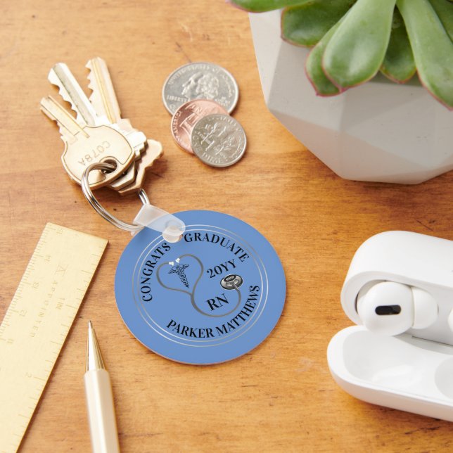Stethoscope Caduceus RN Congrats Graduate -Lt Blue Keychain (Desk)