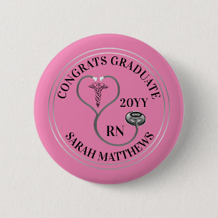 Stethoscope Caduceus RN Congrats Graduate - Pink B 2 Inch Round Button