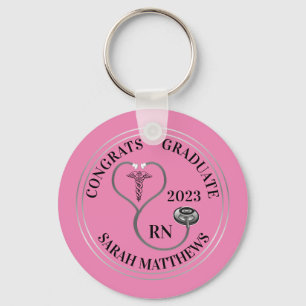 Stethoscope Caduceus RN Congrats Graduate - Pink Keychain