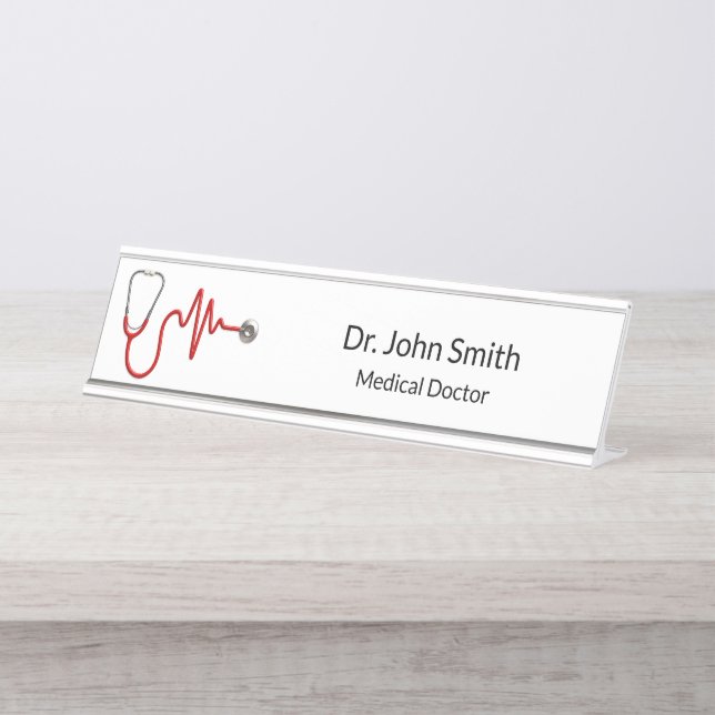 Stethoscope ECG Wave EKG Heartbeat Line Medical Desk Name Plate (Front)