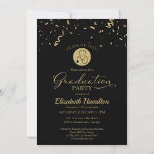 Stethoscope Nursing School Grad Party Gold Black Invitation