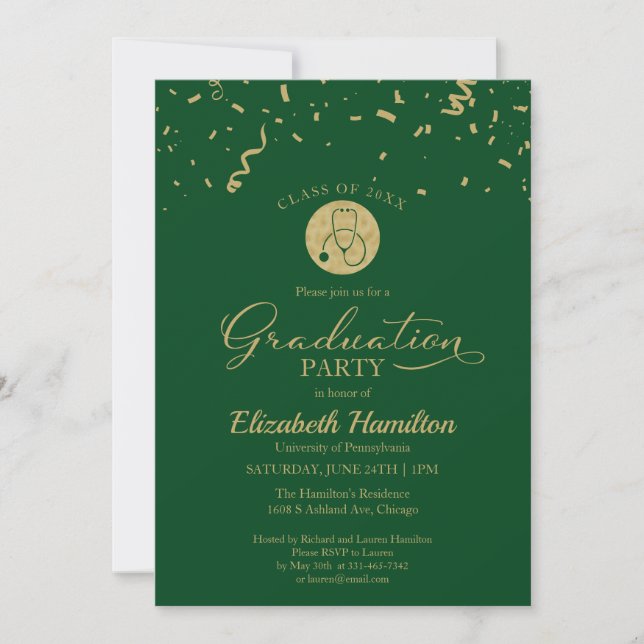 Stethoscope Nursing School Grad Party Gold Green Invitation (Front)