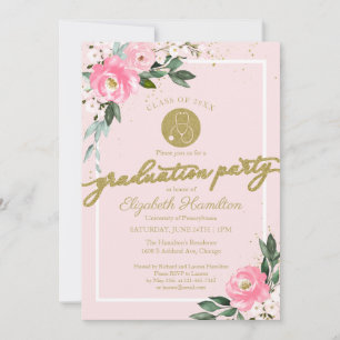 Stethoscope Nursing School Grad Party Pink Floral  Invitation