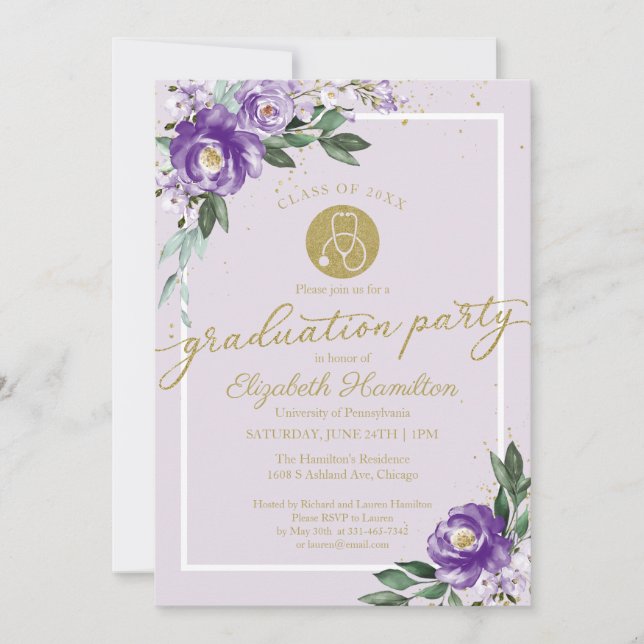Stethoscope Nursing School Grad Party Purple Invitation (Front)