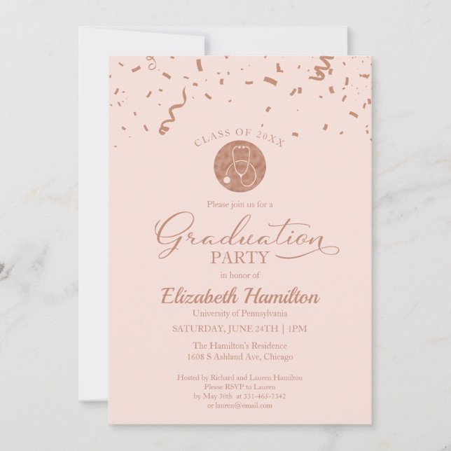 Stethoscope Nursing School Grad Party Rose Gold Invitation (Front)