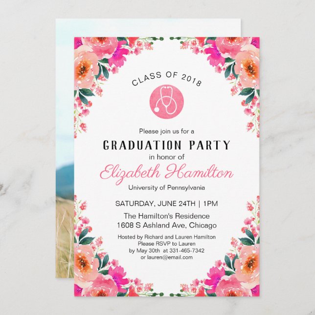 Stethoscope Nursing School Graduation Party Photo Invitation (Front/Back)