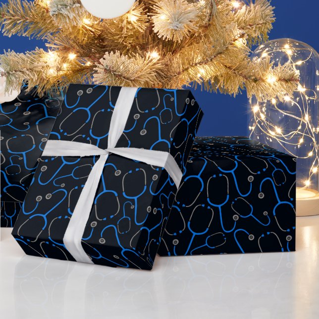Stethoscope Pattern Medical Nurse Dark Blue Gift Wrapping Paper (Holidays)