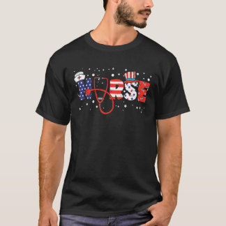 Stethoscope Scrub Nurse American Flag Pride 4th Of T-Shirt
