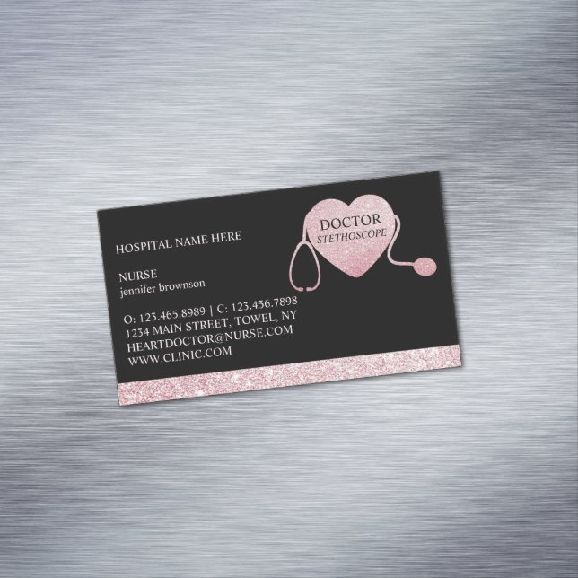 Stethoscope Sparkle Heart Pink Black Magnetic Business Card (In Situ)