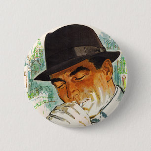 Stetson hat man lighting a cigarette 2 inch round button