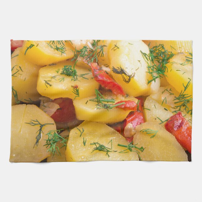 Stew of potatoes with onion, bell pepper and dill kitchen towel (Horizontal)