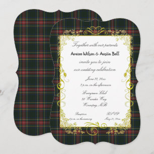 Stewart Black Modern Tartan With Gold Frame Invitation