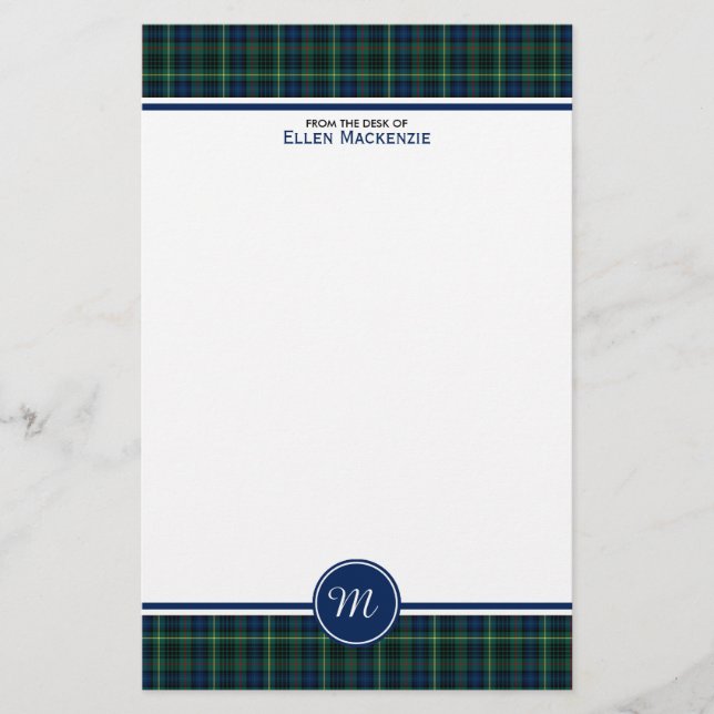 Stewart Clan Hunting Tartan Green Plaid Monogram Stationery (Front)