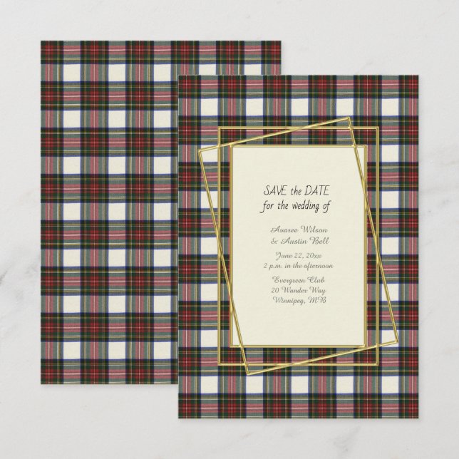 Stewart Dress Modern Tartan With Gold Frame  Save The Date (Front/Back)
