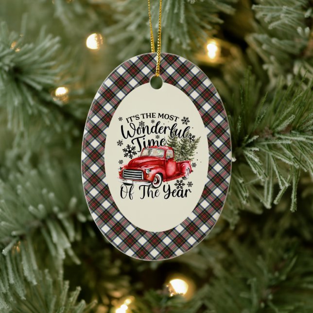 Stewart Dress  Tartan Most Wonderful Time Christma Ceramic Ornament (Tree)