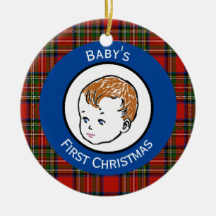 Stewart Plaid Redhead Baby's First Christmas Ceramic Ornament