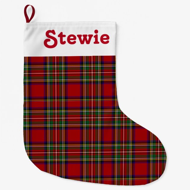 Stewart Royal Tartan Red Plaid Customize Name Large Christmas Stocking (Front)