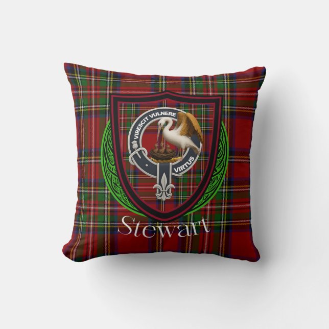Stewart Scottish Clan Tartan & Crest Throw Pillow (Front)