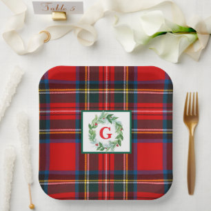 Stewart Xmas Plaid MONOGRAM Handpainted Wreath SQ Paper Plate