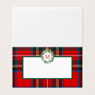 Stewart Xmas Plaid Wreath Monogram Place card