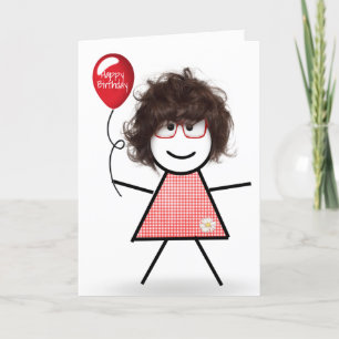 Stick Birthday Gingham Girl with Red Balloon Card