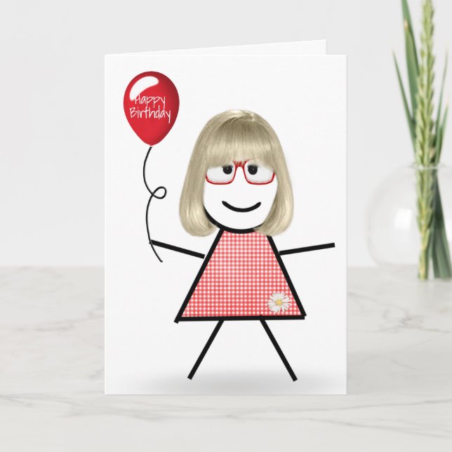 Stick Birthday Gingham Girl with Red Balloon  Card (Front)
