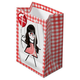 Stick Birthday Gingham Girl with Red Balloon  Medium Gift Bag