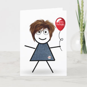 Stick Birthday Girl with Balloon  Card