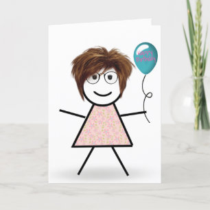Stick Birthday Girl with Balloon Card