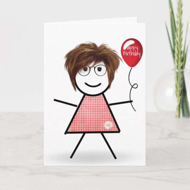 Stick Birthday Girl with Red Balloon  Card (Front)