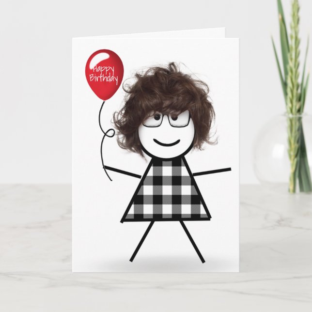 Stick Birthday Girl with Red Balloon  Card (Front)