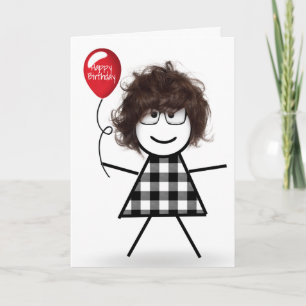 Stick Birthday Girl with Red Balloon Card
