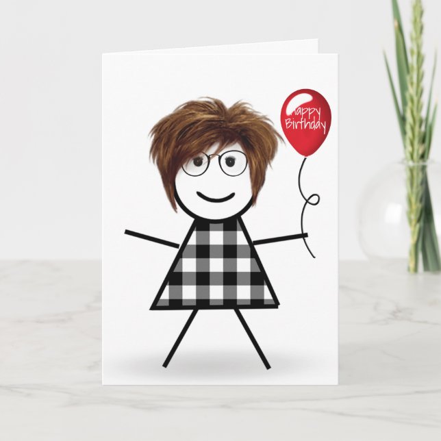 Stick Birthday Girl with Red Balloon Card (Front)