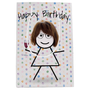 Stick Birthday Girl with Wine Glass    Medium Gift Bag