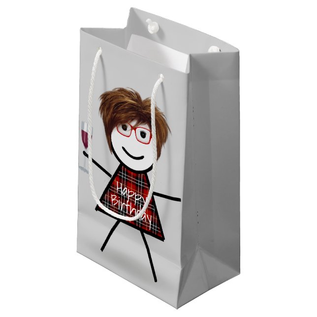 Stick Birthday Girl with Wine Glass   Small Gift Bag (Front Angled)