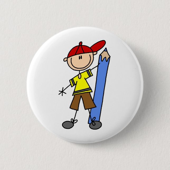 Stick Boy with Pencil 2 Inch Round Button (Front)