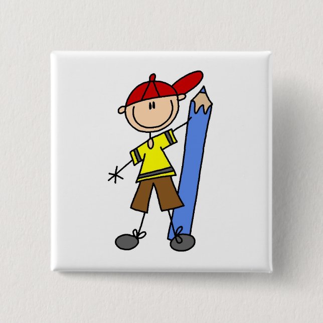 Stick Boy With Pencil 2 Inch Square Button (Front)