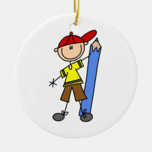 Stick Boy With Pencil Ceramic Ornament
