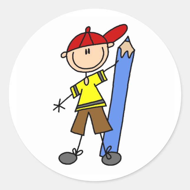 Stick Boy with Pencil Classic Round Sticker (Front)