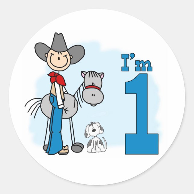 Stick Cowboy 1st Birthday Classic Round Sticker (Front)