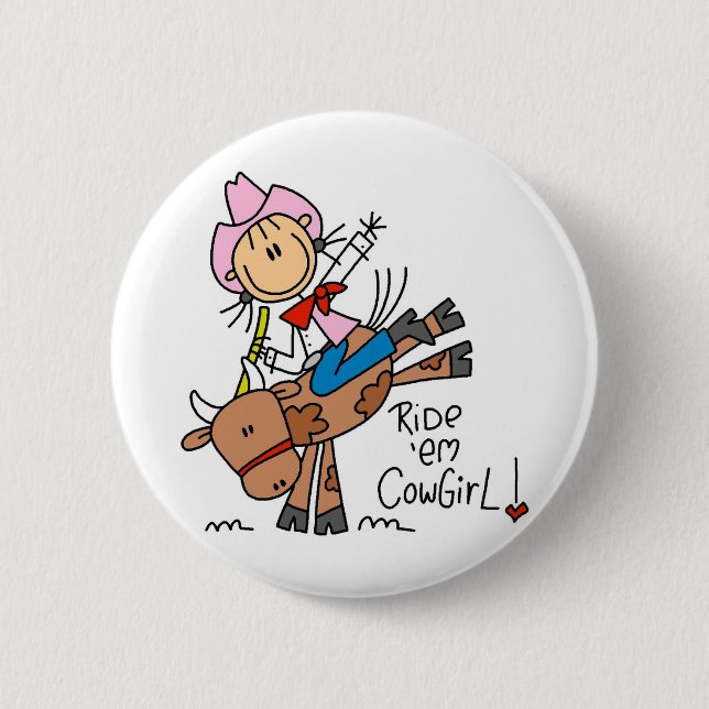 Stick  Cowgirl Riding Bull Button (Front)
