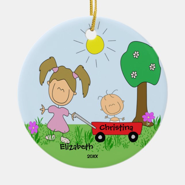 Stick figure Big & Lil Sister Christmas Ornament (Front)