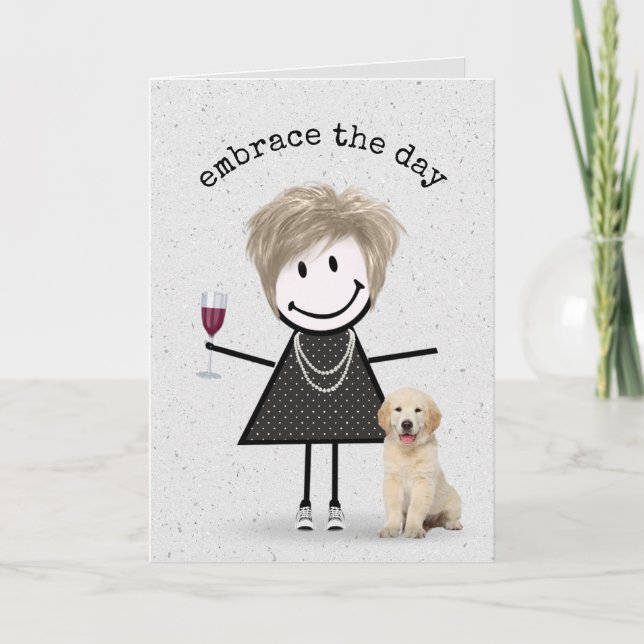 Stick Figure Birthday Girl with Dog  Card (Front)