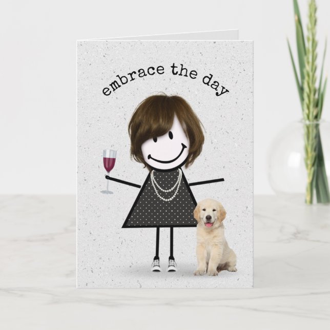 Stick Figure Birthday Girl with Dog Card (Front)