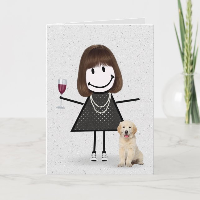 Stick Figure Birthday Girl with Golden Retriever  Card (Front)