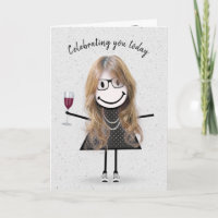 Stick Figure Birthday Girl with Red Wine
