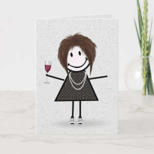 Stick Figure Birthday Girl with Red Wine  Card