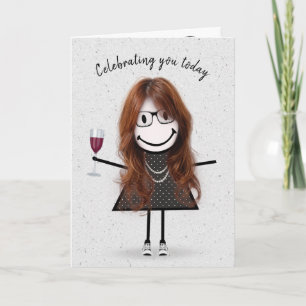 Stick Figure Birthday Girl with Red Wine  Card