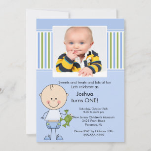 Stick figure Boy 1st Photo Birthday Invitation