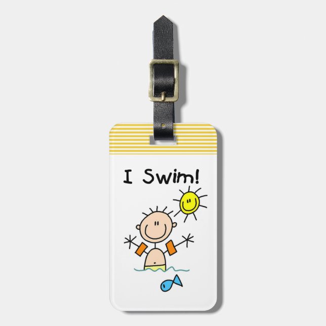 Stick Figure Boy I Swim Luggage Tag (Front Vertical)